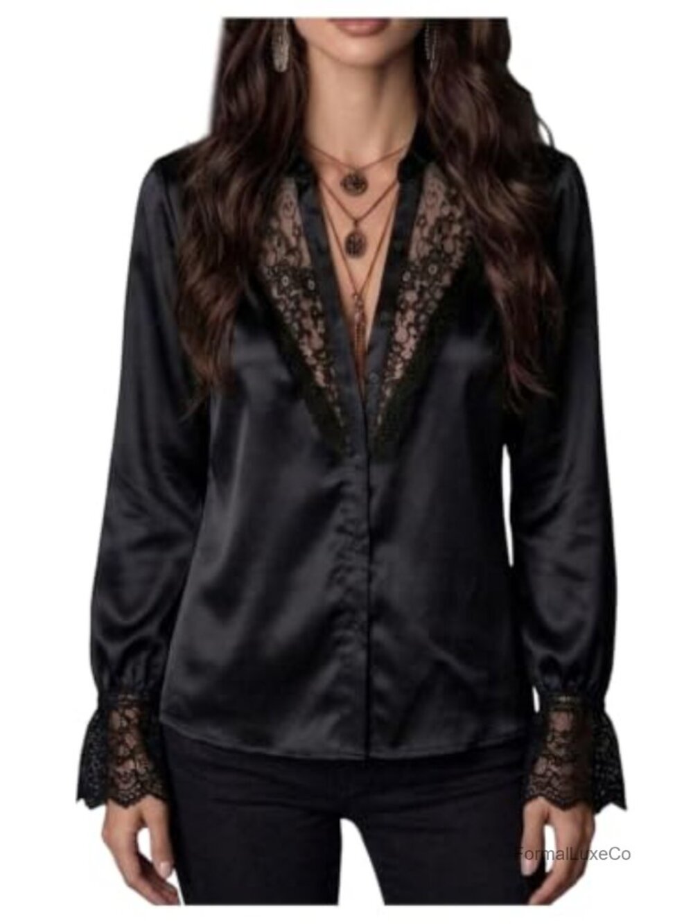 Lace Satin Button Down Collared Long Sleeve Blouse Dressy Top